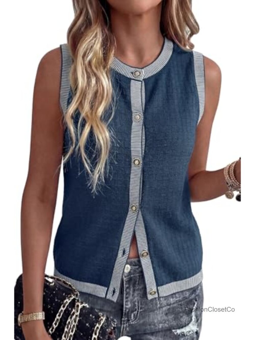100% Cotton Crewneck Contrast Trim Button Front Sleeveless Sweater Vest